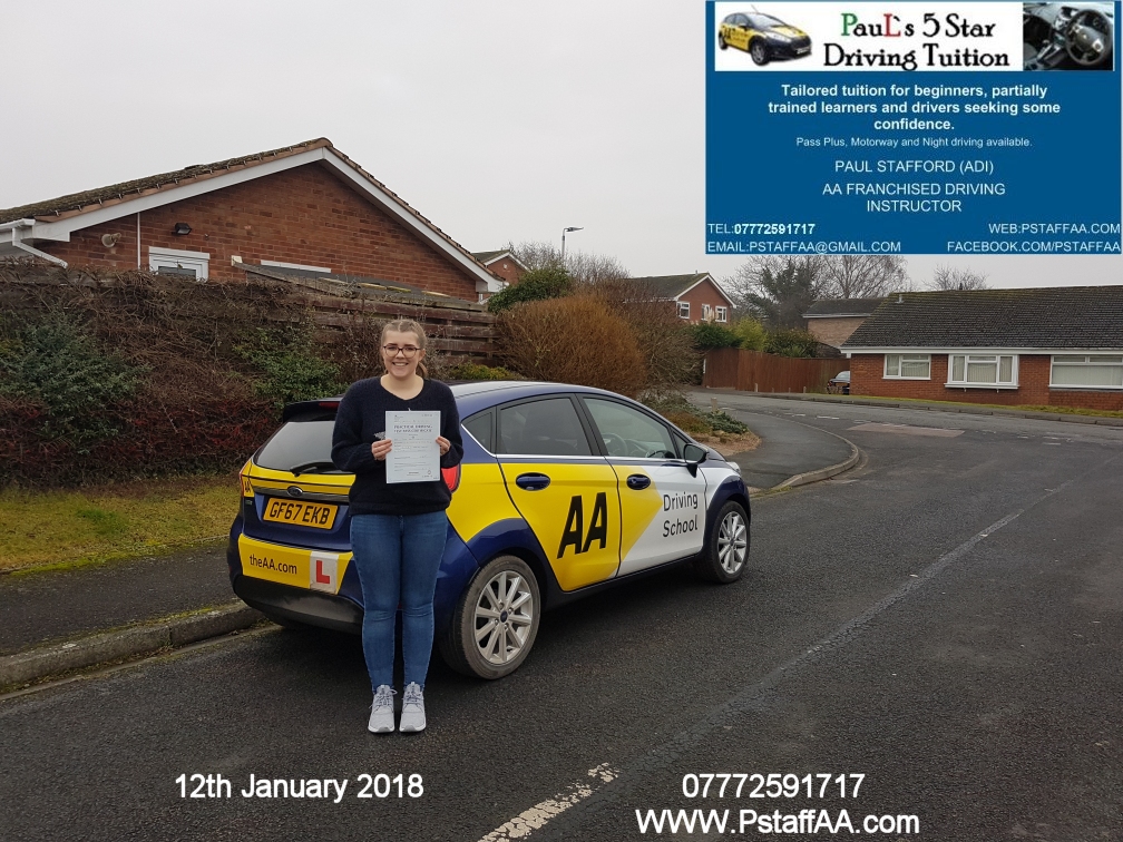 Test Pass Pupil Thewa Hodgson with Paul's 5 star driving tuition in hereford 12th January 2018
